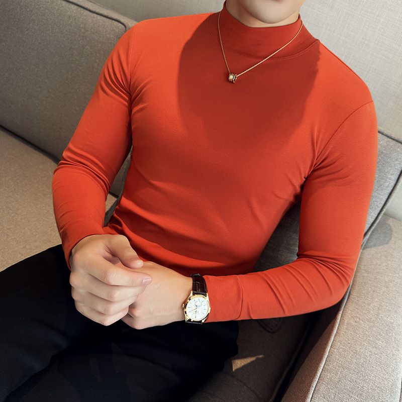 T-shirt di alta qualità autunno e inverno semi-elastica a maniche lunghe in cotone slim fit con scollo a metà, versione coreana da uomo_voghion.com