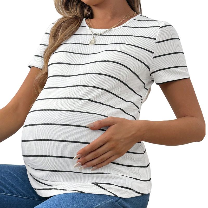 Women's Clothing Summer New Pregnant Women Striped Round Neck Casual Slim Fit Top With Rounded Hem And Loose Short Sleeves_voghion.com