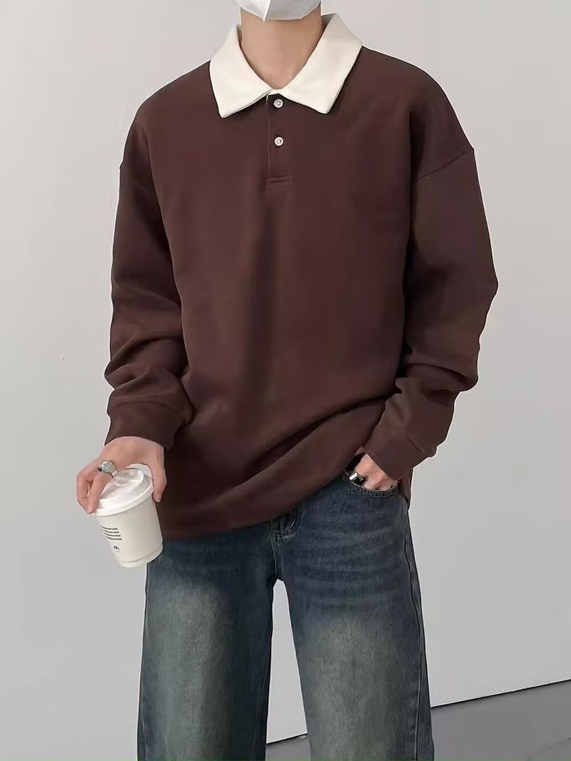 New autumn and winter retro contrasting long sleeved men's loose collared sweatshirt, simple and casual inner layer bottom shirt_voghion.com