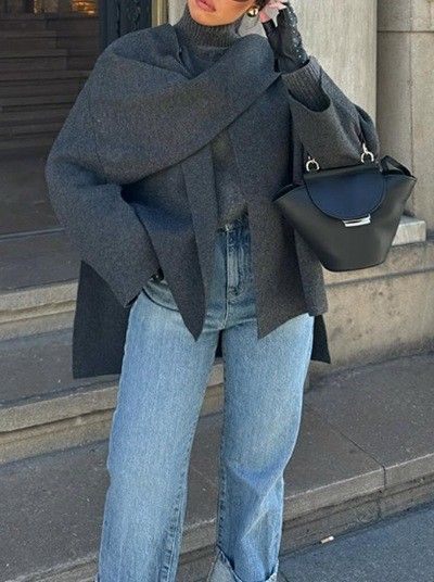 Elegant Brown Knitted Cape-Style Short Coat For Women – Breathable Polyester, Scarf Collar, Versatile Office Wear (S/M/L)_voghion.com