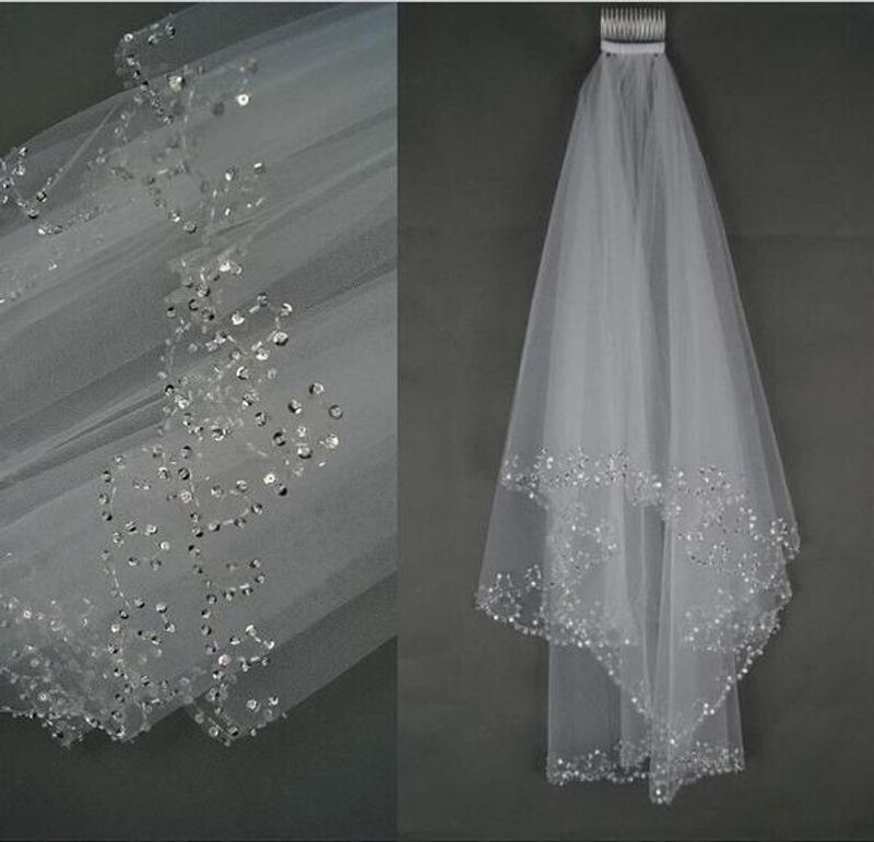 Voile de mariée blanc pour femmes, 1.5 mètres, peigne à cheveux à 2 couches, perles à coudre, paillettes, coiffure, fabricant d'accessoires de mariage_voghion.com
