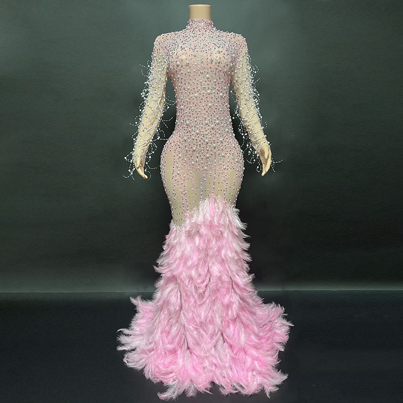 Novas Nova Cantora Feminina Modelo de Carro Dança Água Diamante Preto Pena Longa Cauda Vestido Palco Performance Traje_voghion.com