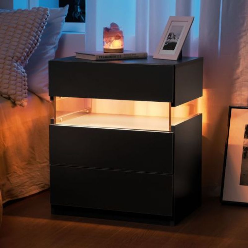 Tables de chevet LED à 3 tiroirs, table d'appoint avec panneau acrylique, table de chevet LED pour chambre à coucher, salon, meuble de chevet (noir)_voghion.com