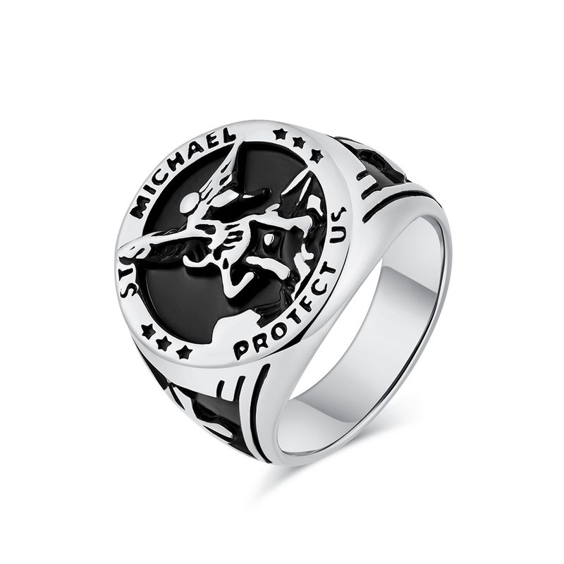 Retro Saint Michael Archangel titanium steel ring ring men's personality niche large ring_voghion.com