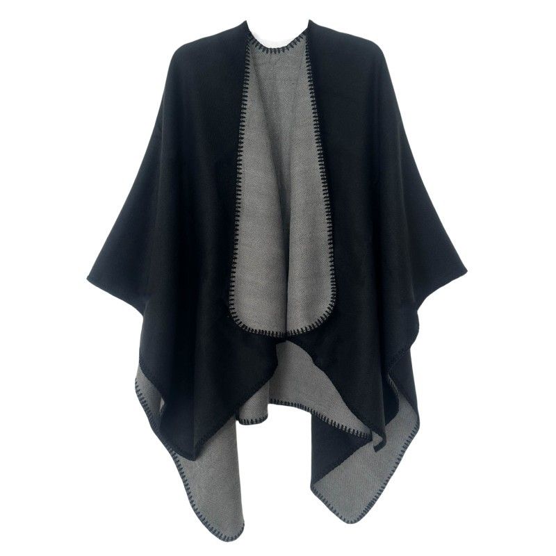 Unisex Autumn/Winter trim solid color cashmere double side black grey split cape_voghion.com