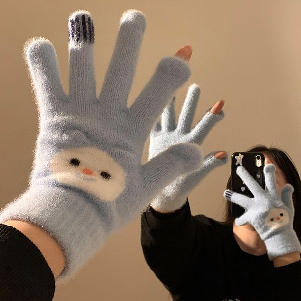 Cute Snowman Finger Touch Screen Plush Five-Finger Gloves Female Winter Warm Students Add Velvet Thickening To Prevent Cold_voghion.com