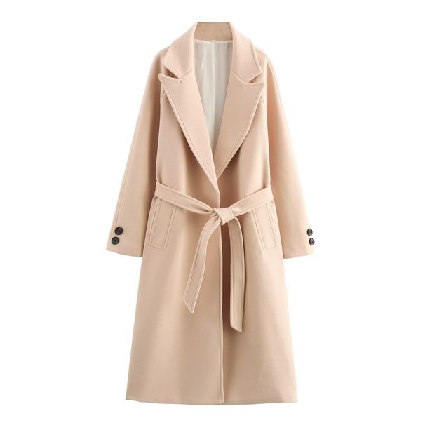 Damen-Trenchcoat aus Wollmischung mit Gürtel – Eleganter, locker sitzender Langmantel für Büro und Freizeit (XS/S/M/L, Schwarz/Hellbraun/Grau/Beige)_voghion.com