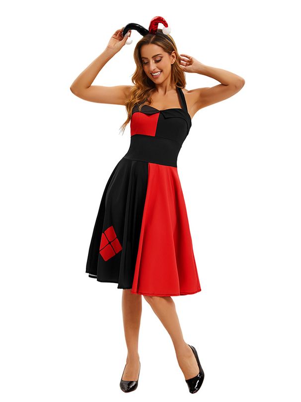 Vestido de actuación escénica con tirantes estampados en contraste de payaso negro y rojo para cosplay de Halloween 2024_voghion.com