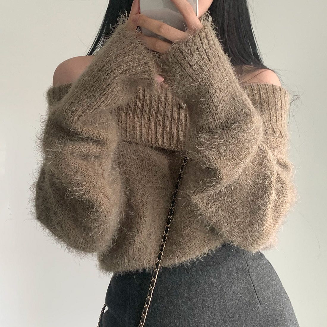Women's Clothing Chic Off-Shoulder Knit Sweater Women's Fashion Faux Mink Top Loose Fit Long Sleeve Elegant Neck Winter Warm_voghion.com