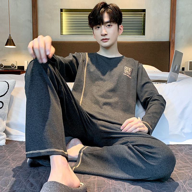 Men's sleepwear pure cotton long sleeved youth black checkered spring and styles can be worn outside plus size home suit_voghion.com