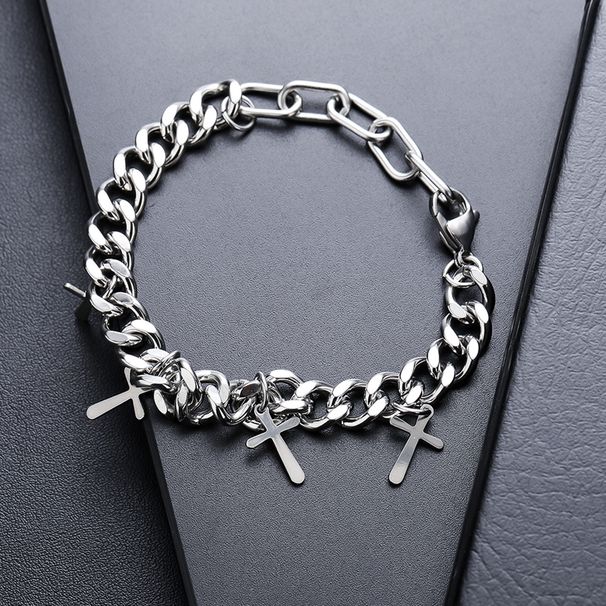 Cuban Men Titanium Steel Cross Necklace Earrings Set Versatile Bracelet Niche Trendy Brand Jewelry_voghion.com
