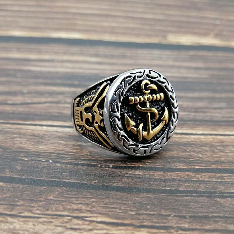 Anillo de acero de titanio/acero inoxidable que conserva el color chapado en oro, anillo de águila y ancla de la Marina de EE. UU. para hombre_voghion.com