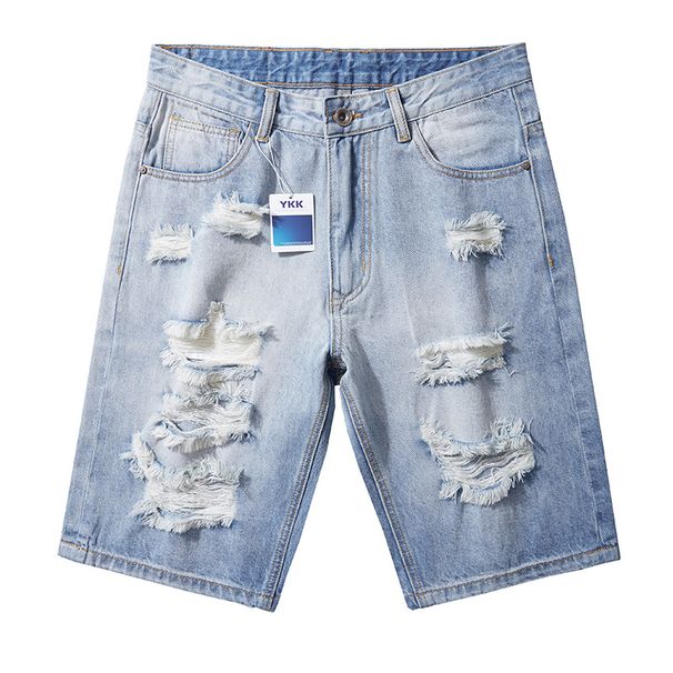 Herrkläder Sommar Ny stil Slitna denimshorts Herr lösa fempunktsshorts_voghion.com