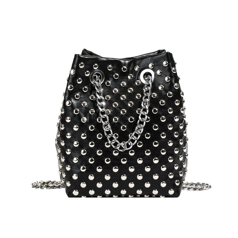 Stylish Punk-Inspired Bucket Shoulder Bag With Chain Strap & Rivet Detailing - Medium Size PU Leather Crossbody Bag For Women_voghion.com
