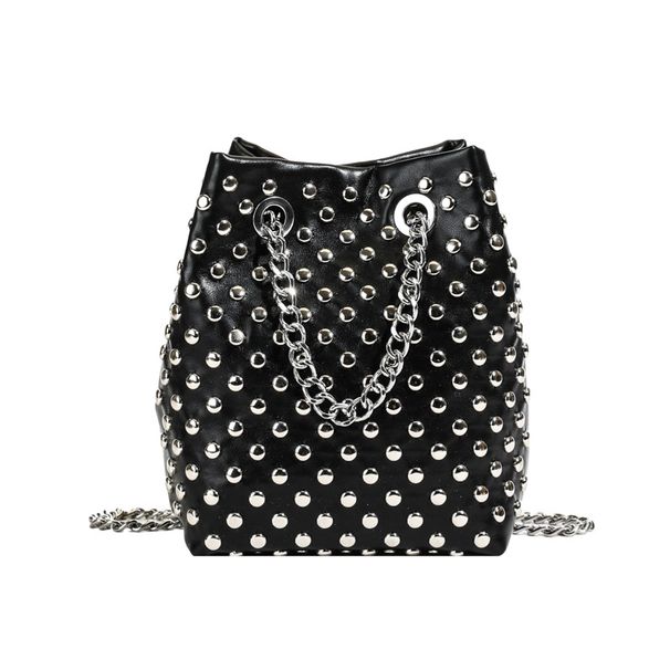 Stylish Punk-Inspired Bucket Shoulder Bag With Chain Strap & Rivet Detailing - Medium Size PU Leather Crossbody Bag For Women_voghion.com