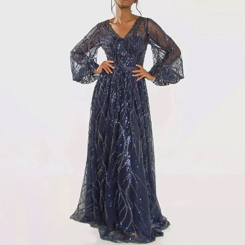Damenbekleidung Paillettenkleid Schlichtes V-Ausschnitt Quaste Pailletten Schnürung Langes Partykleid_voghion.com