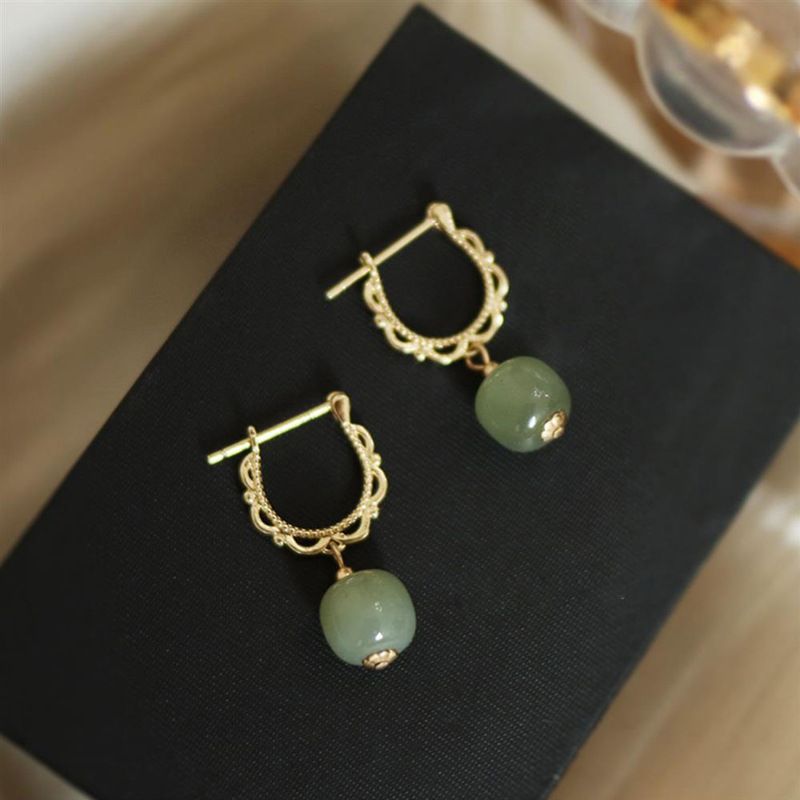 Stamp VENUS Gold Color Hotan Jade Earrings for Women Girl Lace Fairy Gentle Palace Style Jewelry Dropship_voghion.com