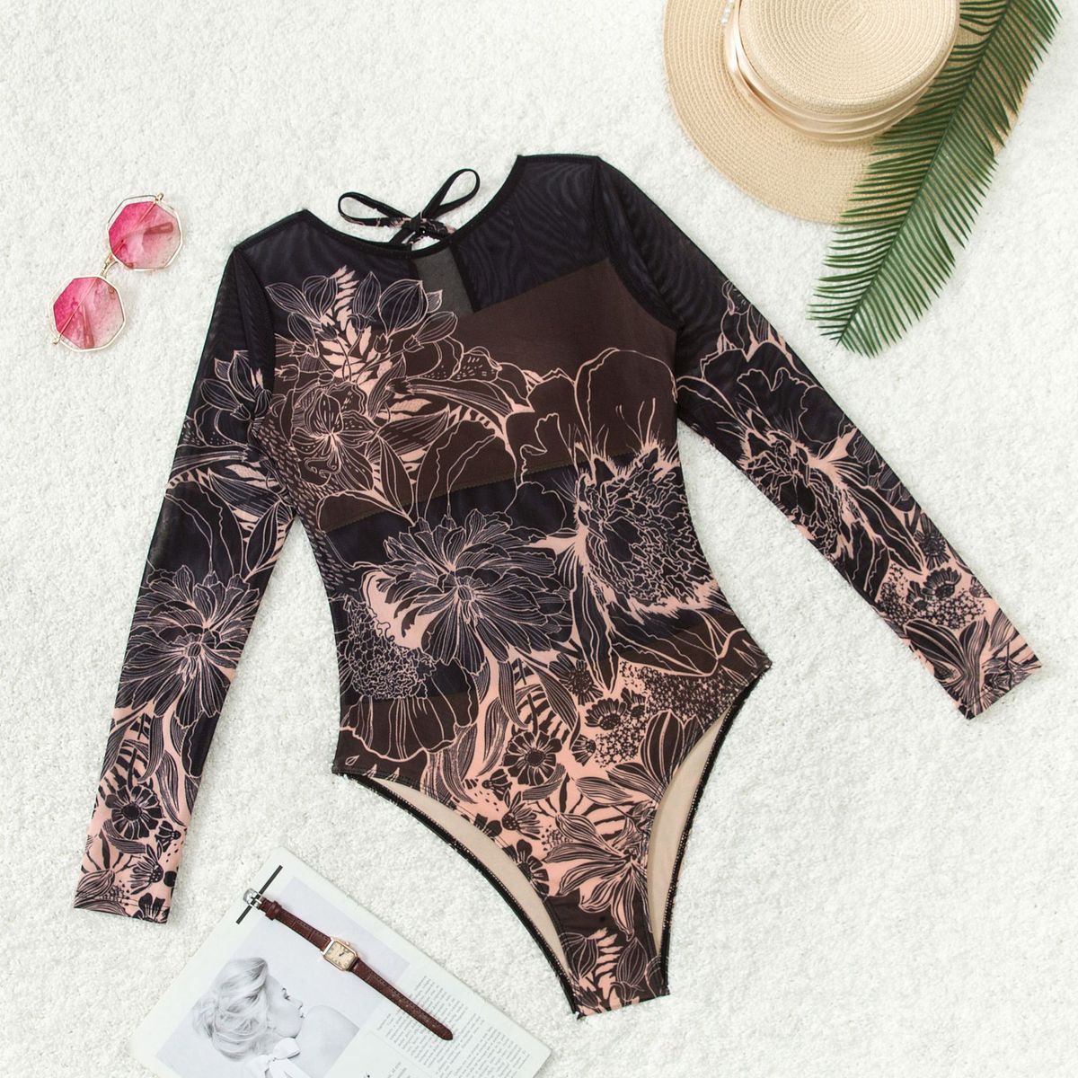 K Sexy Mesh One-piece Swimsuit With Positioning Print; No Glasses Or Other Accessories_voghion.com