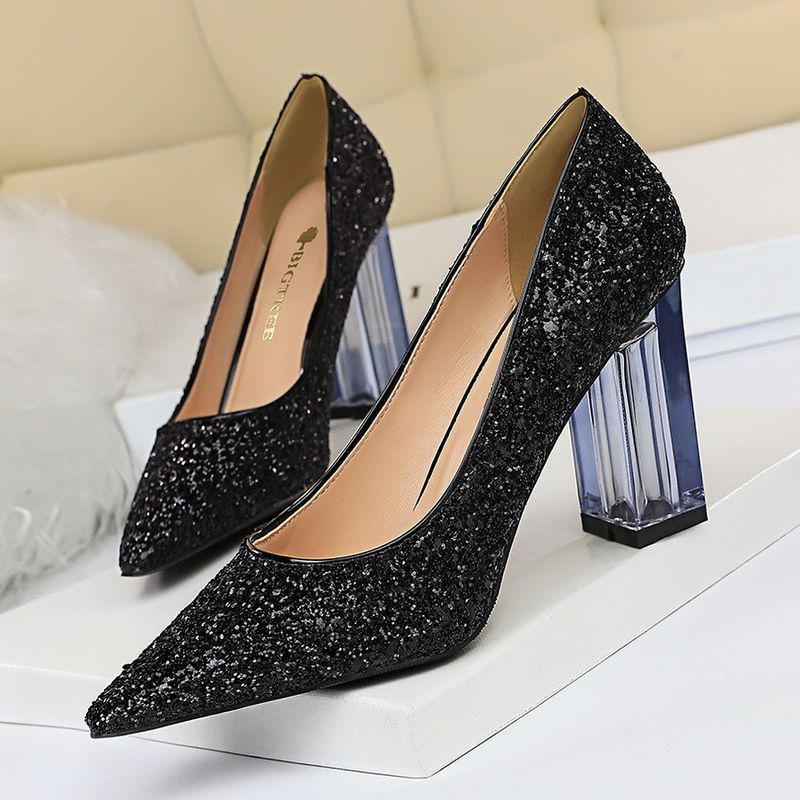9217-1 Fashion Transparent Crystal Thick High Heel Shallow Mouth Pointed Sexy Nightclub Shining Sequin Single Shoe_voghion.com