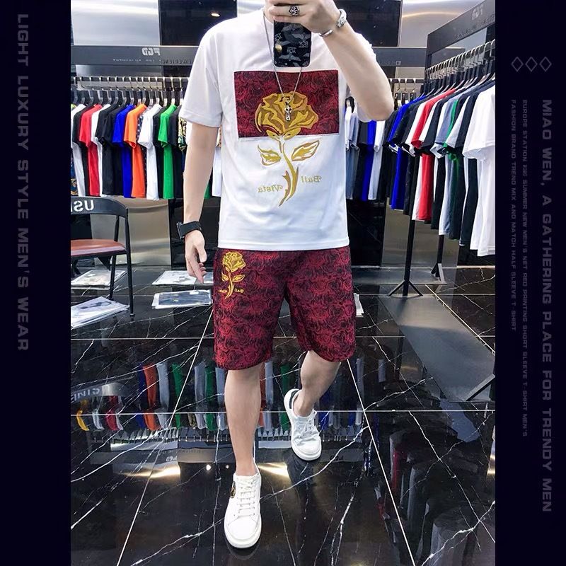 Ensemble haut et short à imprimé rose personnalisé pour homme, nouvelle mode d'été, décontracté, léger et luxueux, deux pièces_voghion.com
