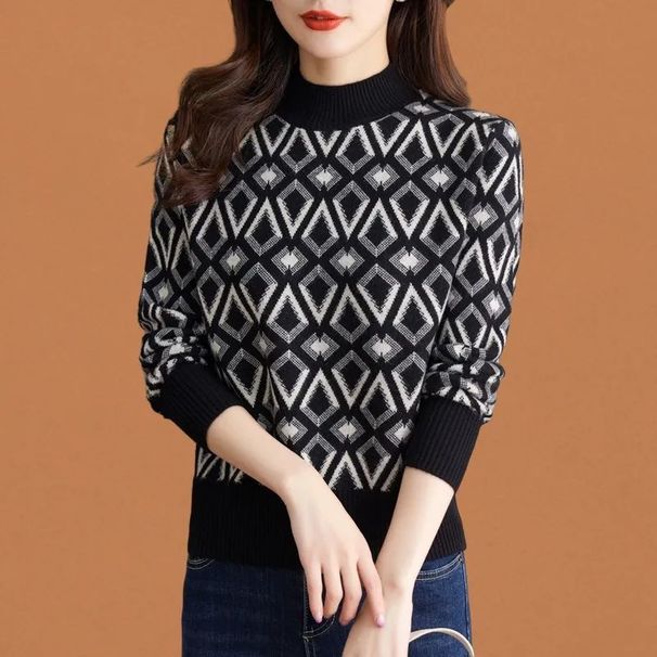 【 Cashmere Family 】 Halbhoher, kurzer, lockerer und dicker Jacquard-Strickpullover für Damen mit Wollunterseite, Innenschicht_voghion.com