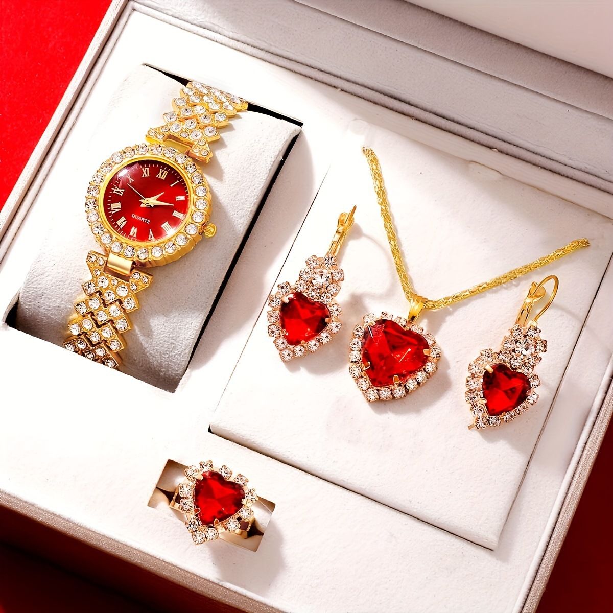 Fashion And Jewelry With Four Pieces: Diamond-Studded Roman Numerals Quartz Watch Hot Sale Set_voghion.com