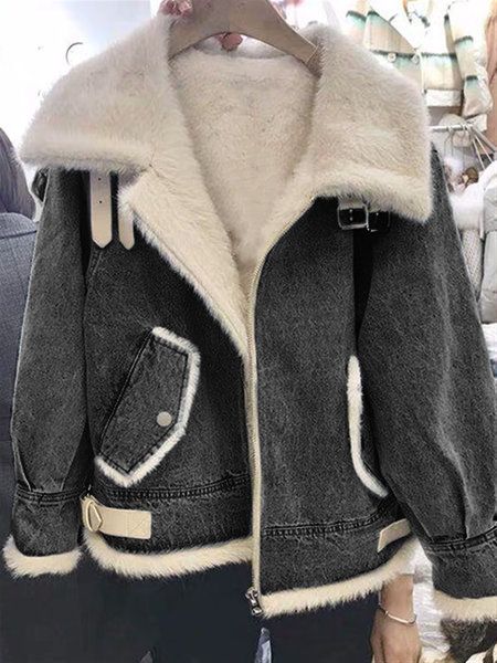 Abbigliamento donna giacca in pelliccia denim a maniche lunghe_voghion.com