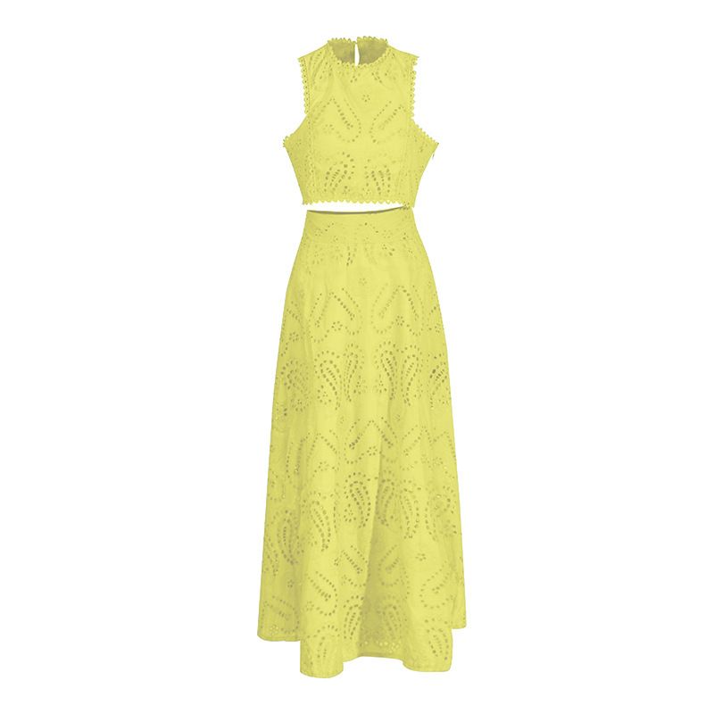 Dammekleeder Ronn Ausschnëtt Äermellos Taille Weste Héichtaille Rock Broderien Zwee-Stéck Kostüm_voghion.com