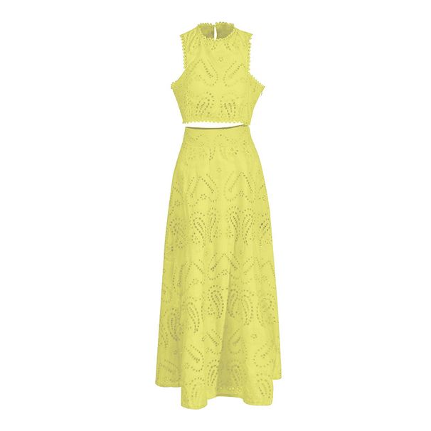 Dammekleeder Ronn Ausschnëtt Äermellos Taille Weste Héichtaille Rock Broderien Zwee-Stéck Kostüm_voghion.com