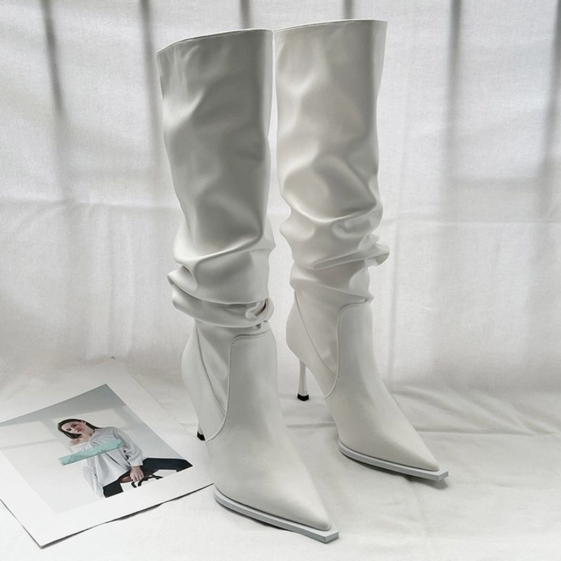Women's fall skinny serpentine pile boots with high heels above the knee_voghion.com