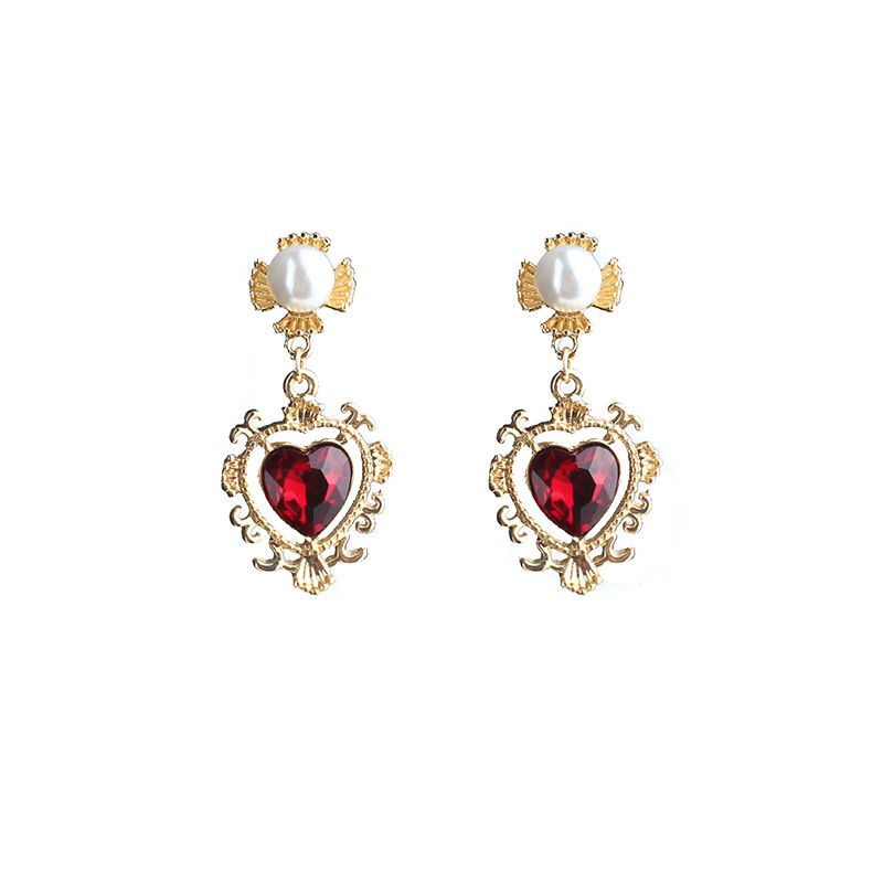 Eleganti e versatili orecchini in stile retrò francese con perle barocche a forma di cuore rosso vino_voghion.com