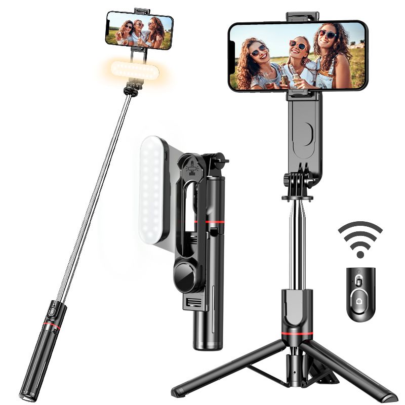 Stable selfie stick with filling light, tripod 44 inch retractable selfie stick, with wireless remote control_voghion.com
