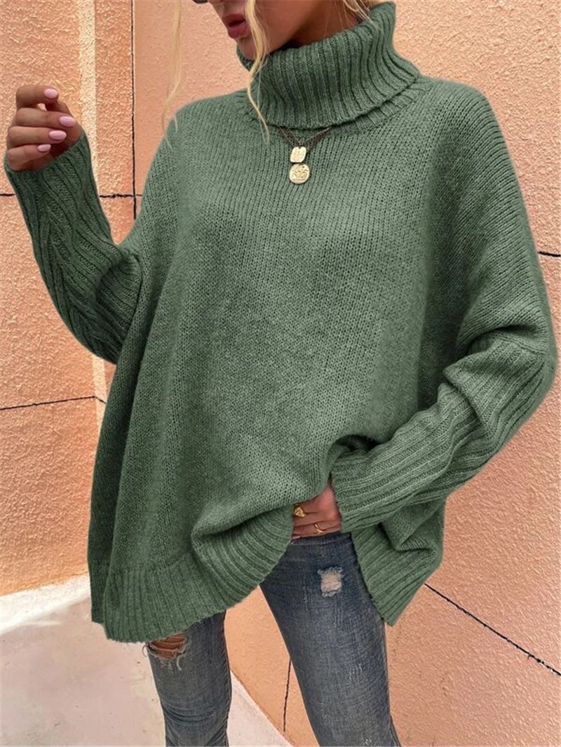 Pull ample à col roulé et manches chauve-souris pour femme, couleur unie_voghion.com