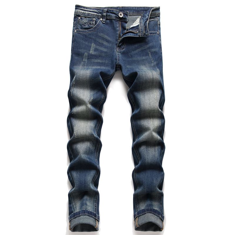 Pantalon long ordinaire en coton à pois décontracté d'automne, taille moyenne, jean à petites jambes micro élastique bleu lavé pour jeunes, mode masculine 3728_voghion.com