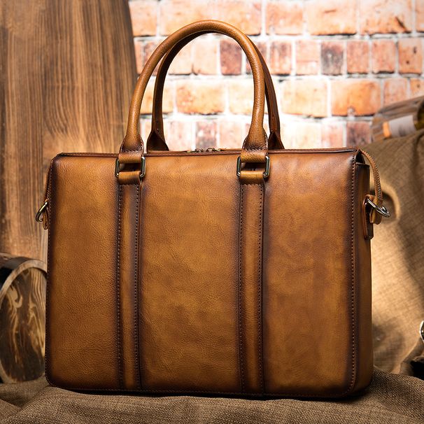Men's Vintage Genuine Leather Briefcase - Handcrafted Distressed Business Laptop Bag For 14 Inch Computers, Classic Office Commuter Bag Business Bag_voghion.com