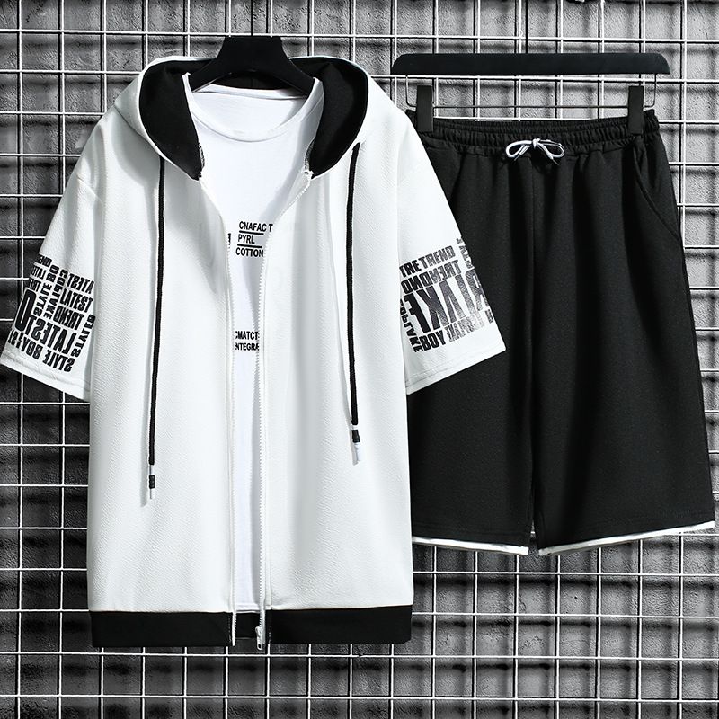 Vêtements pour hommes printemps et été nouveaux hommes cardigan pull costume jeunesse à capuche décontracté coréen vêtements de sport deux pièces ensemble tendance_voghion.com