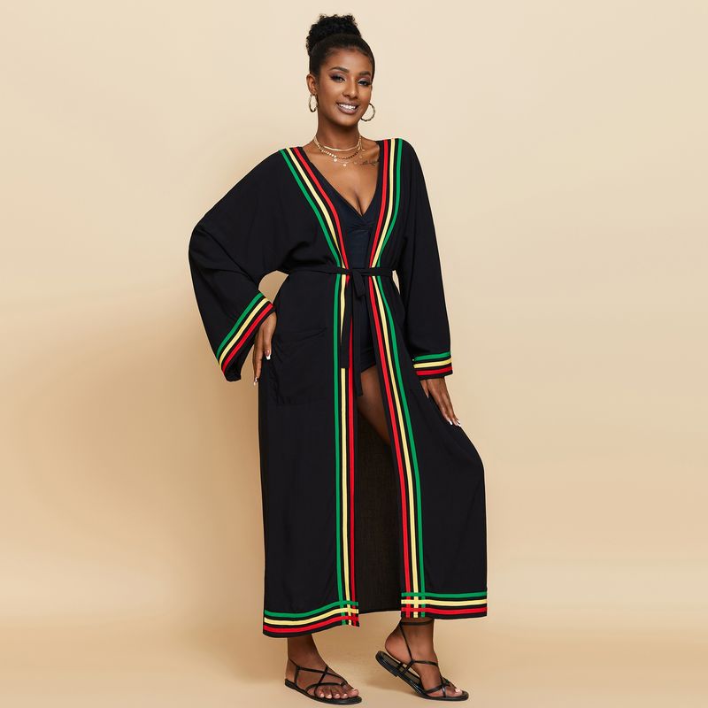 Kimono de plage sexy pour femme avec rayures colorées, léger et mélange de coton - Noir ouvert_voghion.com