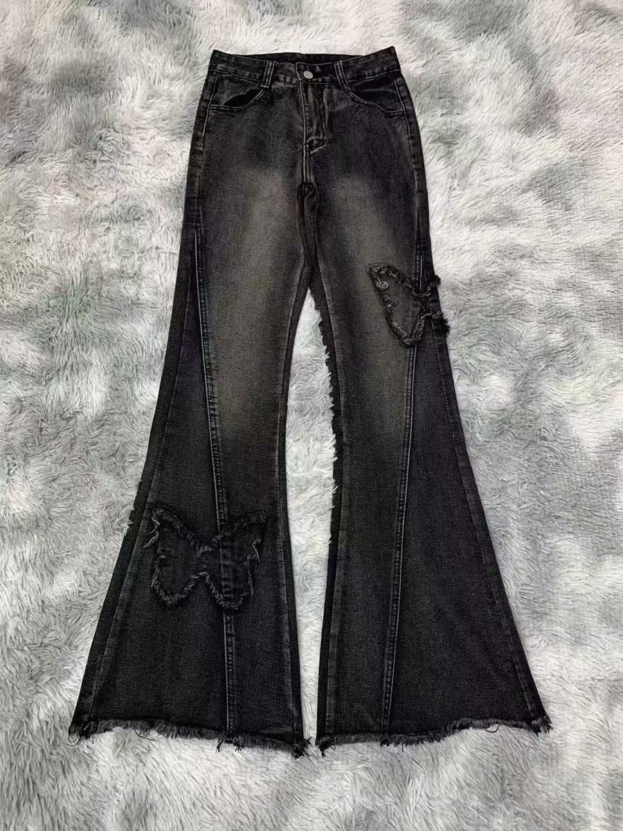 Jeans a zampa elasticizzati da donna – Pantaloni in denim bootcut a vita alta con fiocco (nero, blu oceano) – S/M/L/XL/XXL_voghion.com