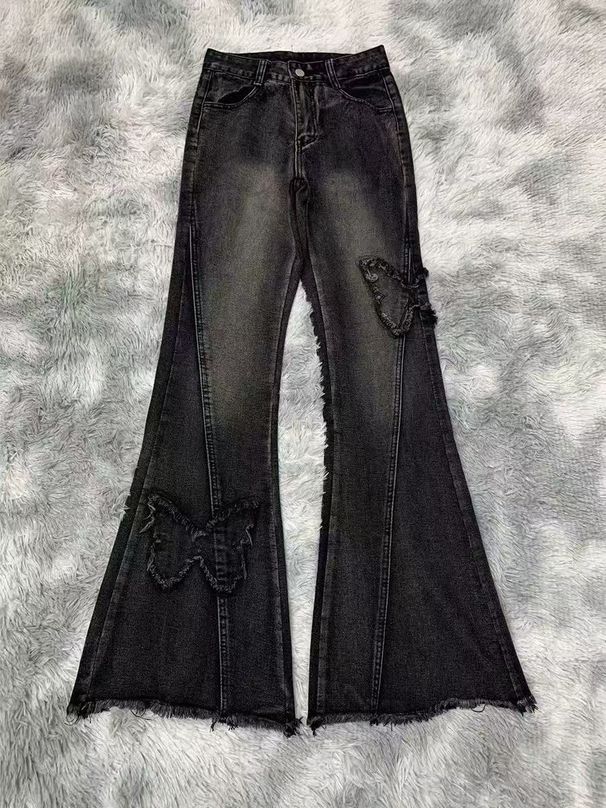 Jeans a zampa elasticizzati da donna – Pantaloni in denim bootcut a vita alta con fiocco (nero, blu oceano) – S/M/L/XL/XXL_voghion.com