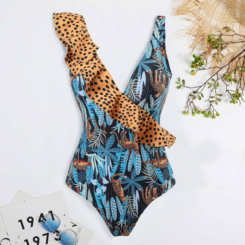 2023 neue Sexy Einem Stück Bademode frauen Bikini Leopard Muster Rüschen Rand Bademode Bikini Chiffon Langes Kleid_voghion.com