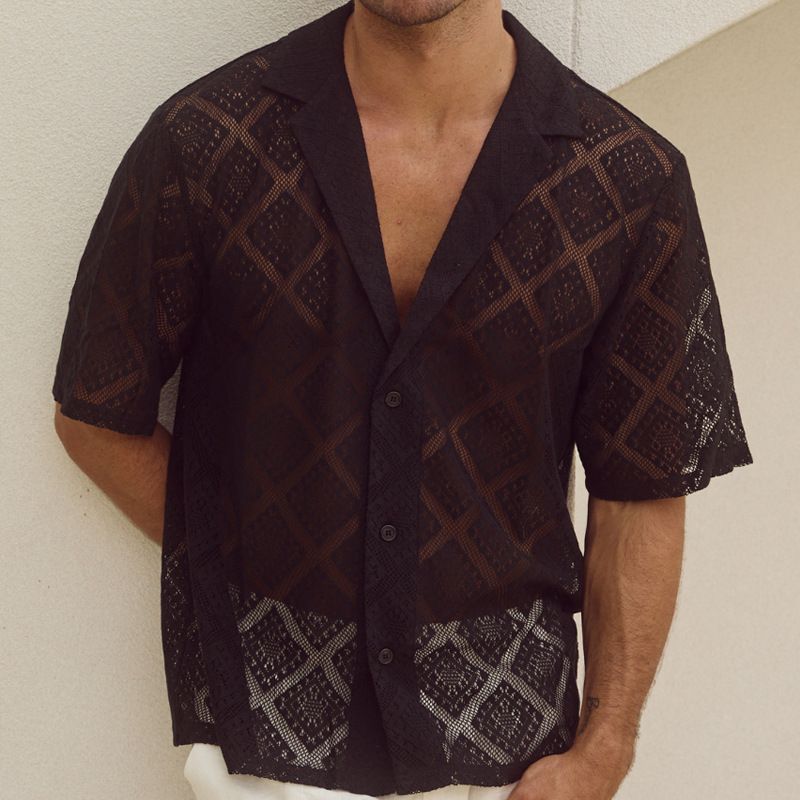 Men's Clothing Summer Cool Shirt Men's Casual Knitted Sweater Hollow Breathable Short Sleeved Lapel Fashion Men_voghion.com