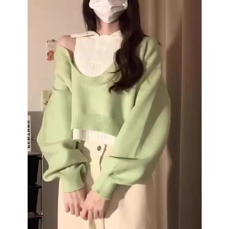 College polo collar sweater for women in spring and autumn 2024, short two-piece knitted set, lazy style lapel top_voghion.com