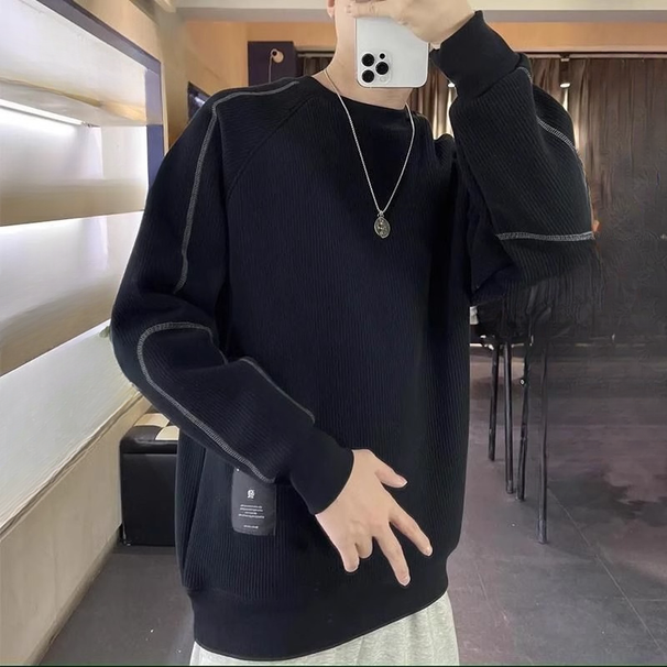 New pit stripe texture pattern heavyweight round neck sweatshirt for men in spring and autumn, loose winter base shirt trend_voghion.com