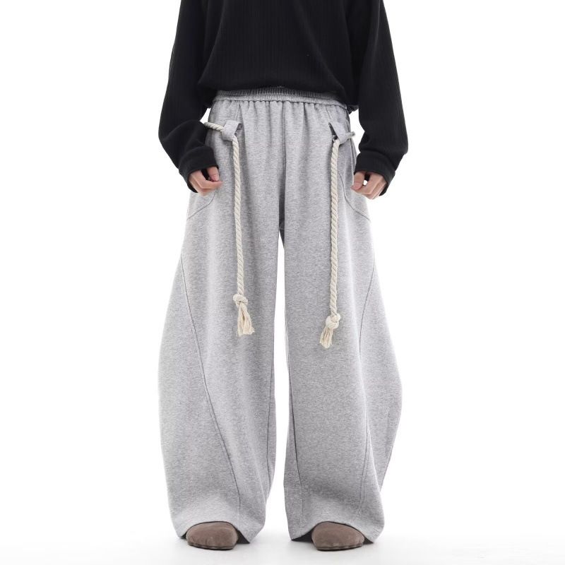 Herrenbekleidung: Dickes Seil, handgefertigte Cargohose mit weitem Bein für Herren – Retro-Jogginghose mit lockerer Passform, tiefem Schritt und Kordelzug in der Taille (Grau/Schwarz, XS-XL)​_voghion.com