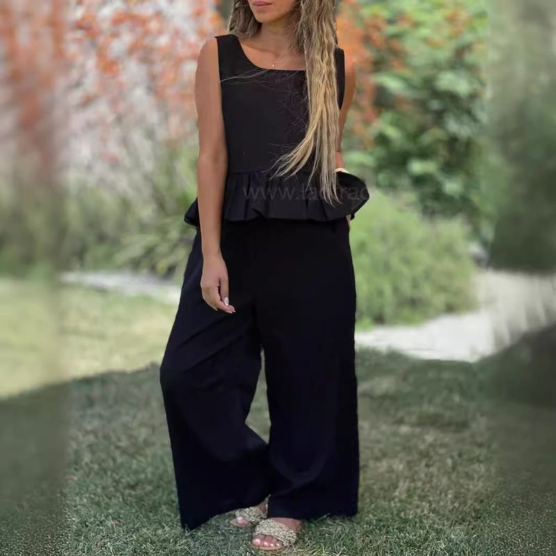 Damenbekleidung 2024 Sommer Neues Damenbekleidungsset Ärmelloses Oberteil aus Baumwolle und Leinen Hose mit weitem Bein Zweiteiliges Set_voghion.com