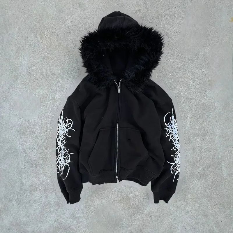 2024 Zipper Fur Collar Sweatshirt Cool Internet Celebrity Hooded Cardigan Hot Girl Jacket New Printed Top_voghion.com