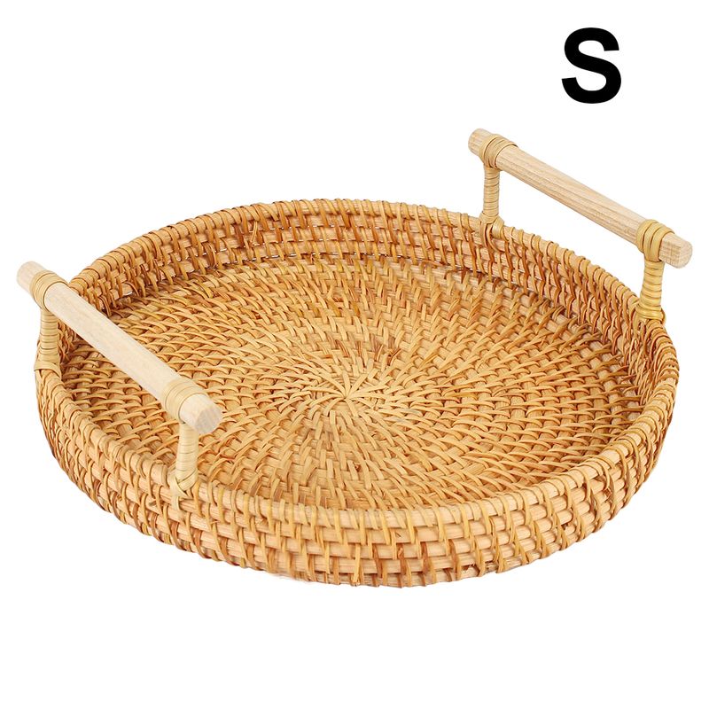 Dinner Serving Tray Breakfast Bread Food Plate Handwoven Rattan Storage Tray Round Shape Fruit Cake Wicker Basket With Handle_voghion.com