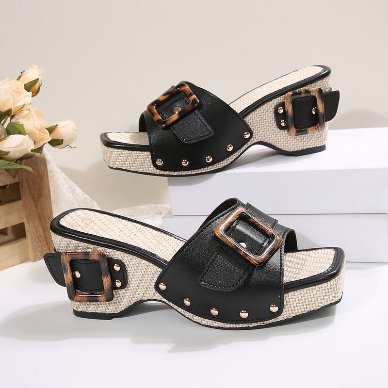 Sandales compensées à semelle épaisse et boucle en métal, rivets, chaussures de plage décontractées pour femmes_voghion.com
