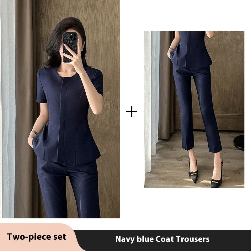 Terno profissional azul marinho de manga curta feminino estilo fino verão consultor de beleza traje formal_voghion.com