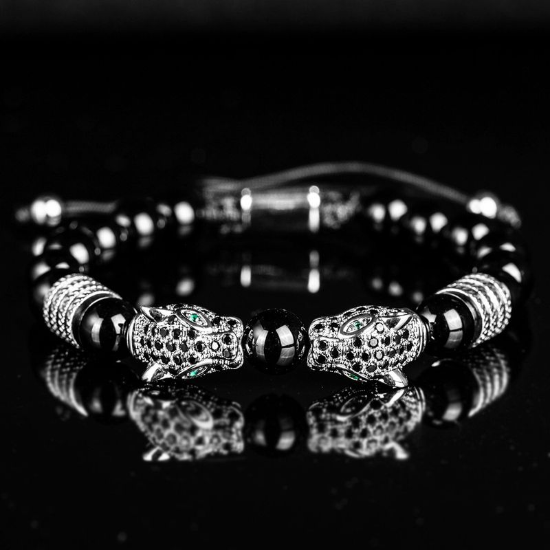 Bracciale da uomo in acciaio inossidabile intrecciato con numeri romani, testa di leopardo nera doppia, stile set_voghion.com